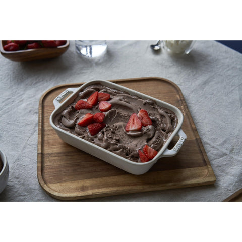 STAUB baking dish with lasagna straight from oven to table, appealing presentation