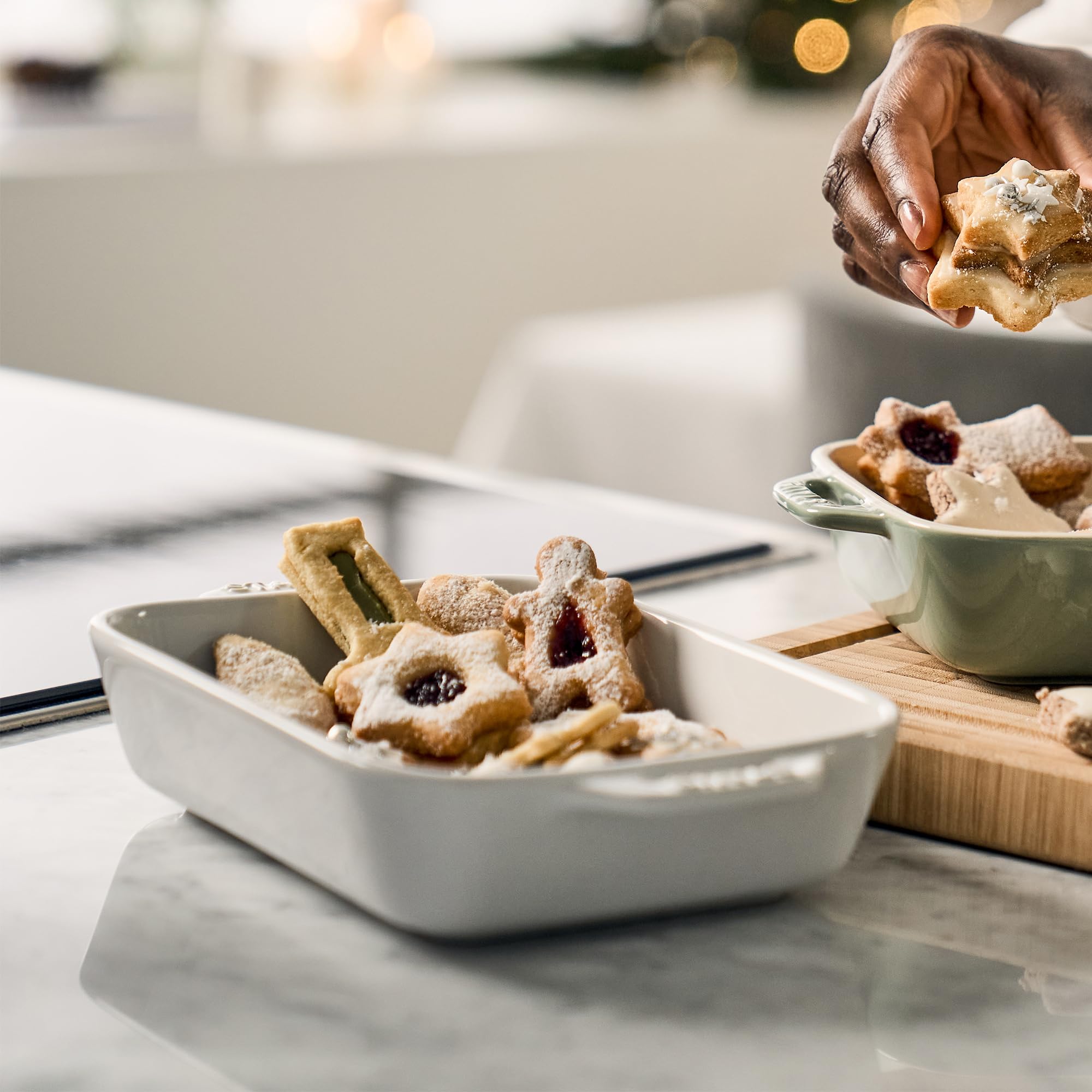 STAUB stacked baking dishes demonstrating compact storage and space-saving benefit