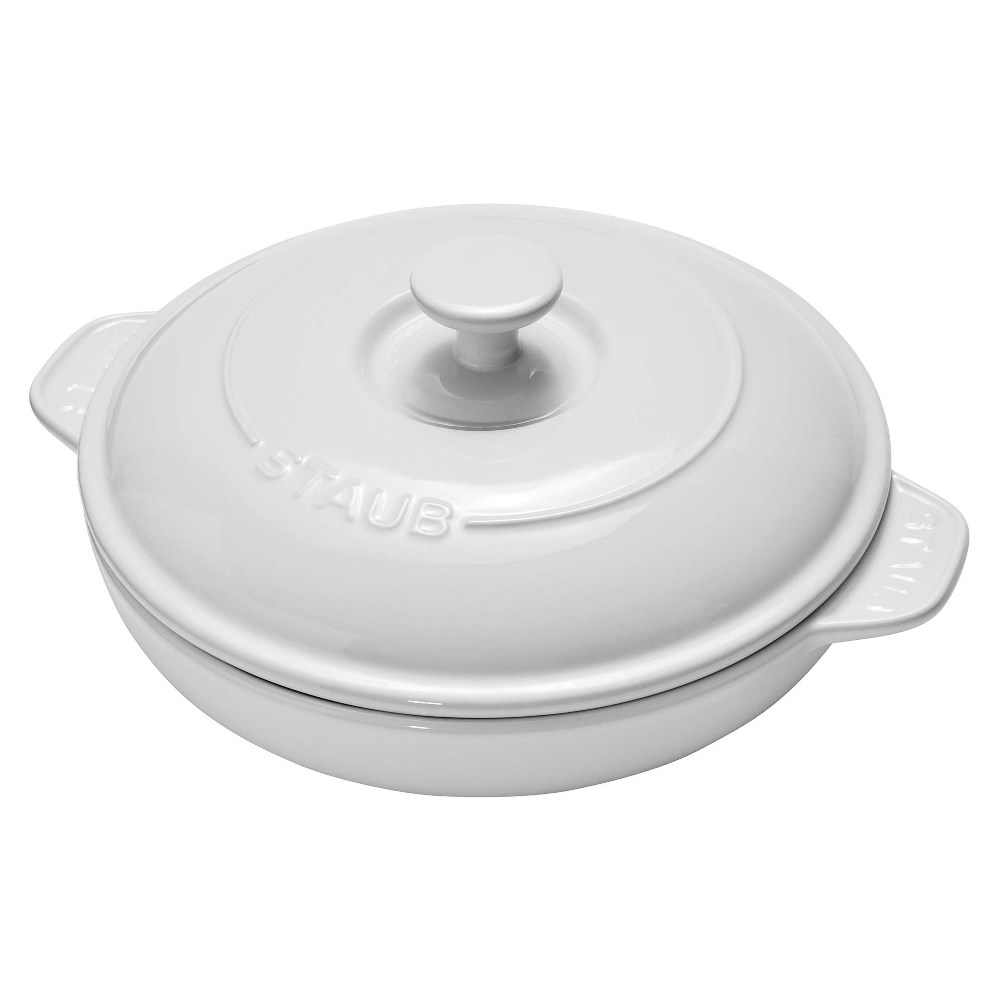 STAUB brie baker front view showing elegant white finish and covered design