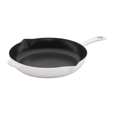 STAUB fry pan front view showing white enamel and cooking-ready design benefit durability