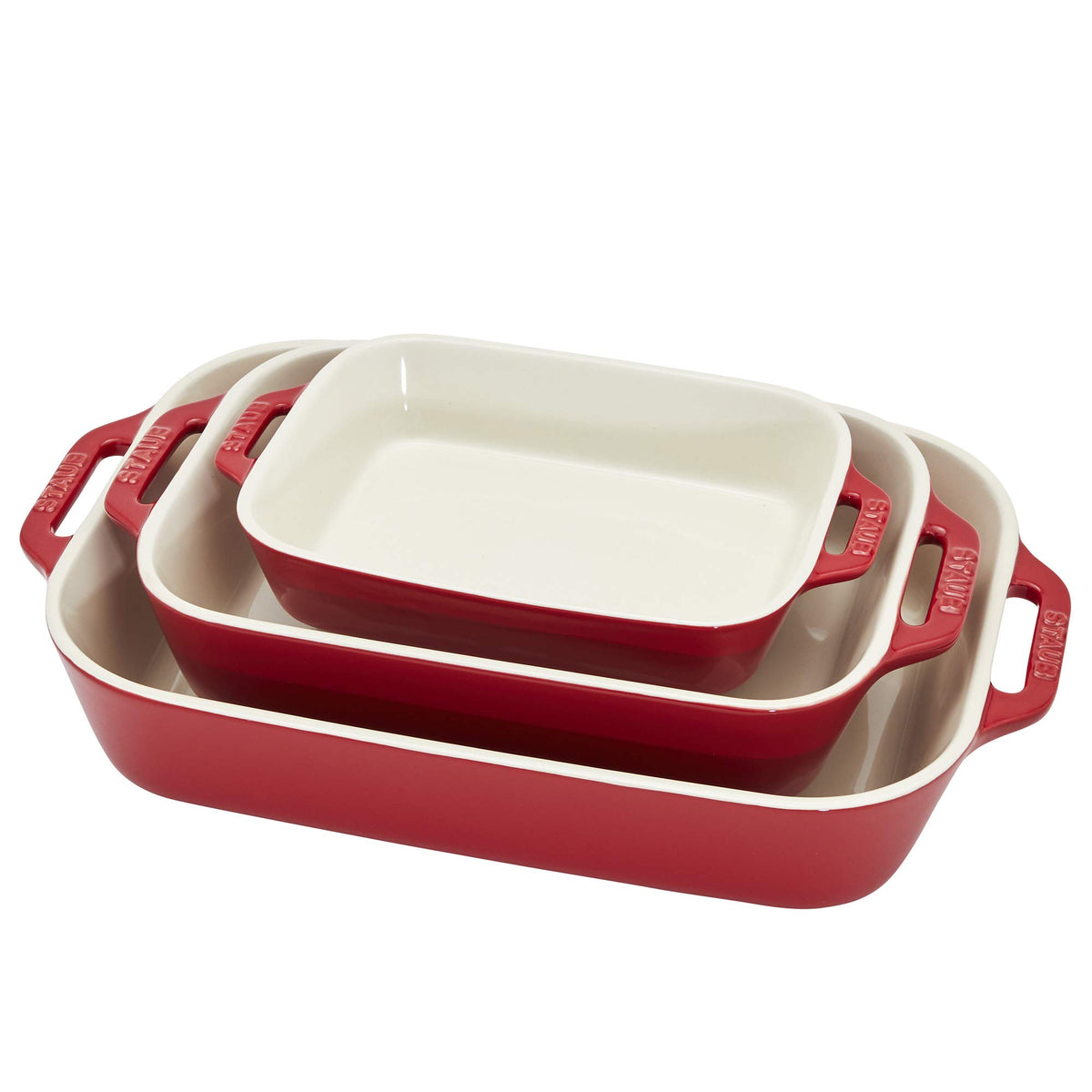 STAUB red nesting ceramic baking dishes front view, stylish oven-to-table serving