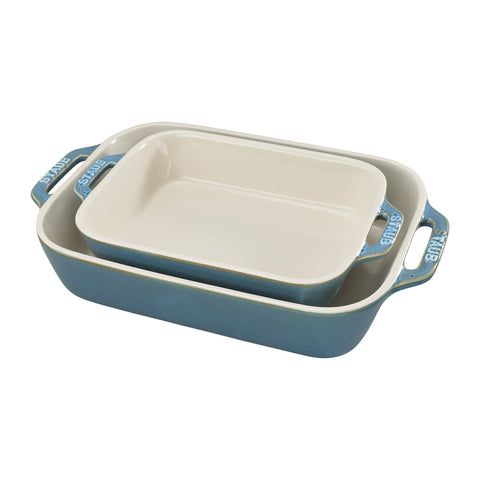 STAUB front view of turquoise baking dishes showing elegant finish and serving readiness