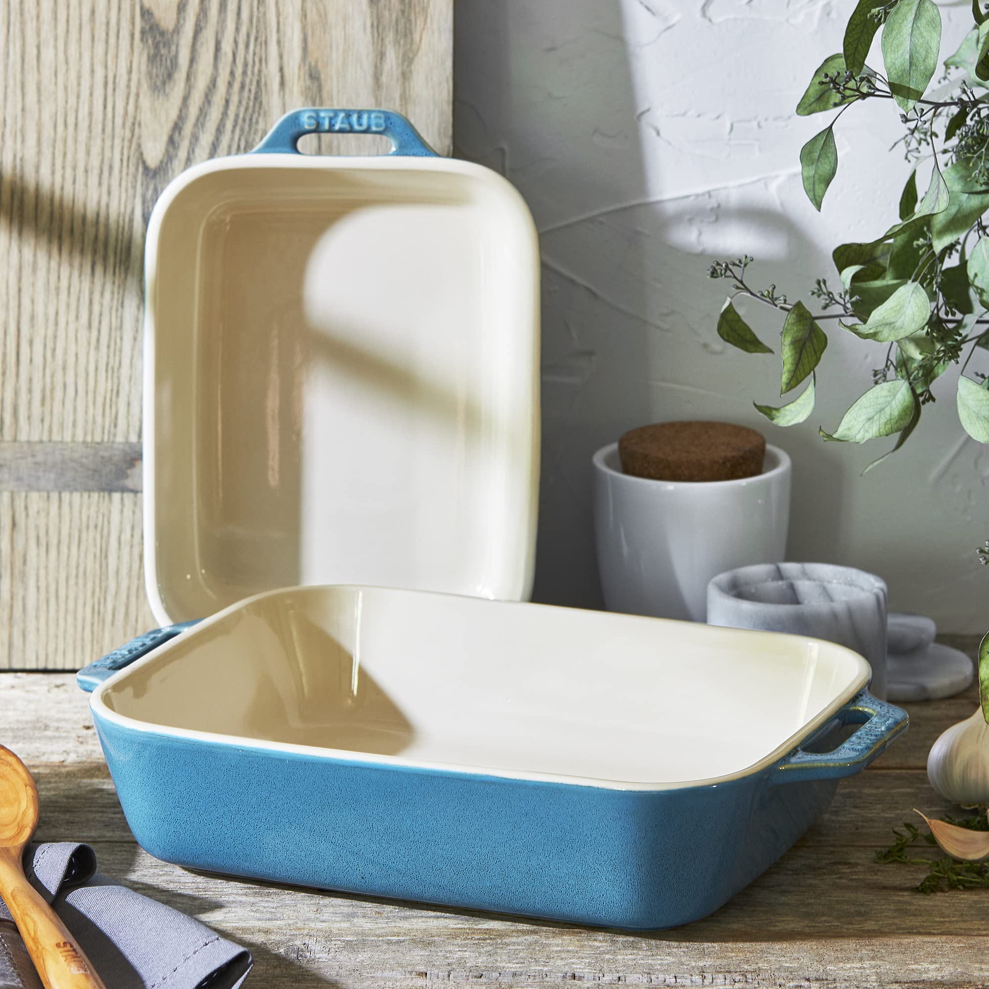 STAUB baking dish in oven with lasagna showing even browning and heat performance