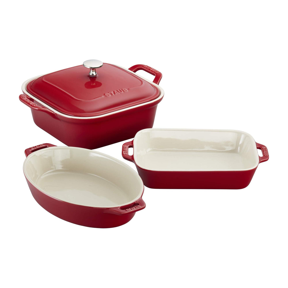 Staub front view of 4-piece set showing cherry color and cohesive design benefit
