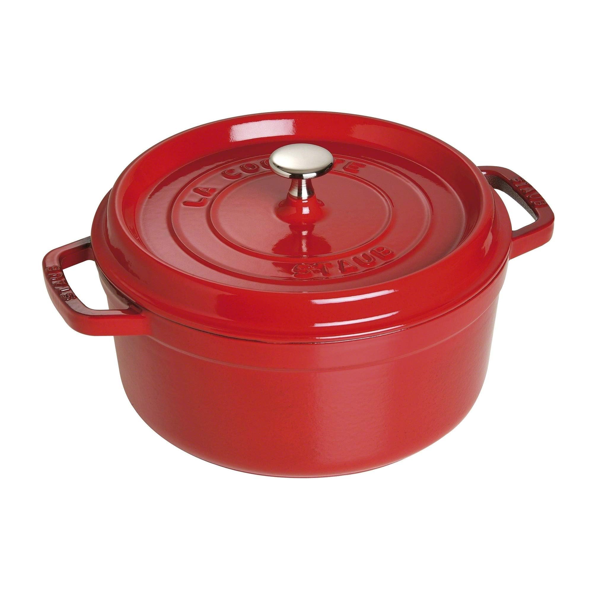 Staub cherry cocotte front view showing elegant design and durable performance