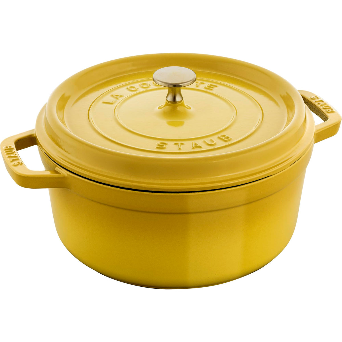 Staub citron front view showing table-ready presentation and durable enamel