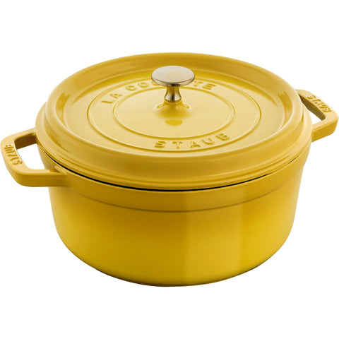 Staub citron front view showing table-ready presentation and durable enamel