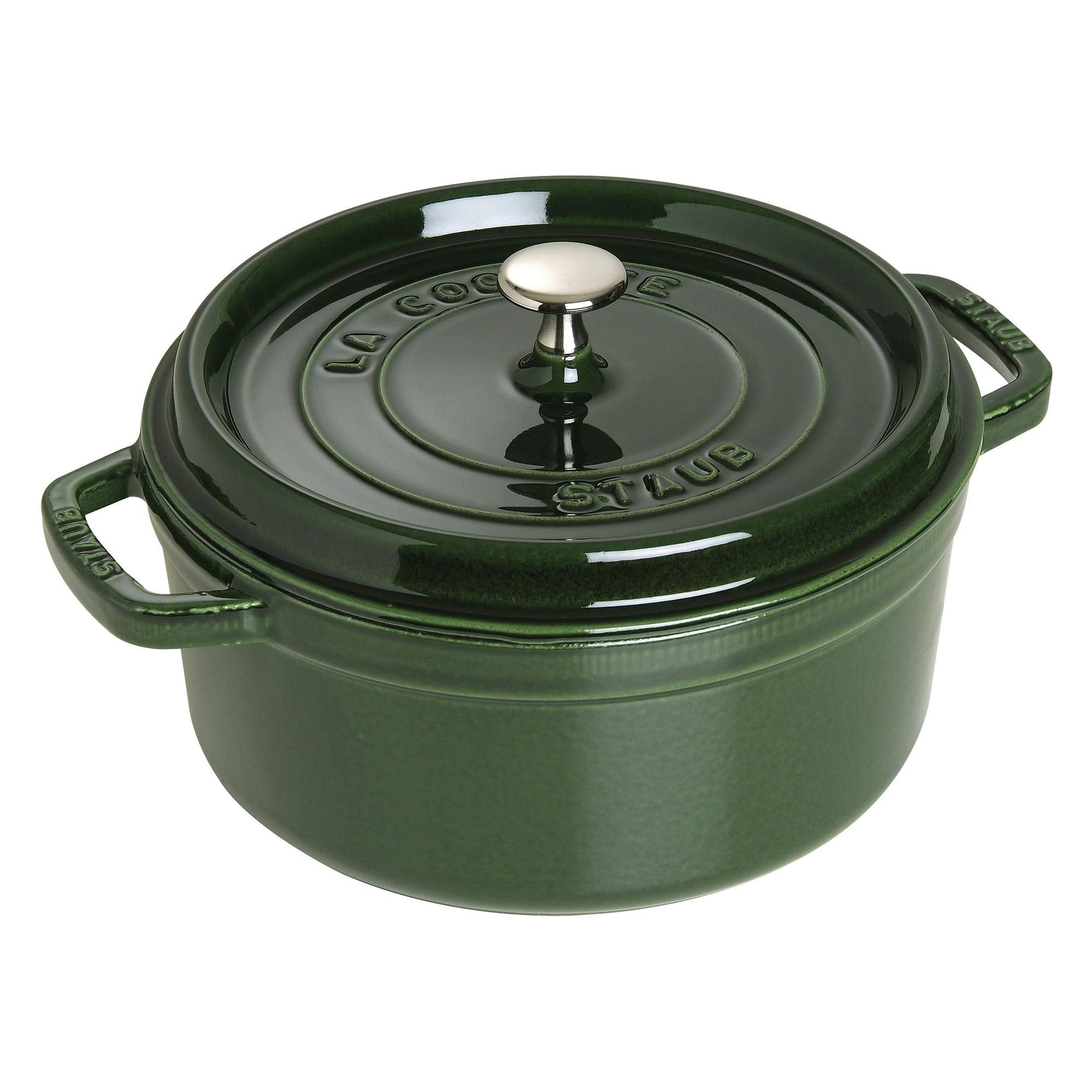 STAUB cocotte front view showing basil color and elegant finish benefits presentation
