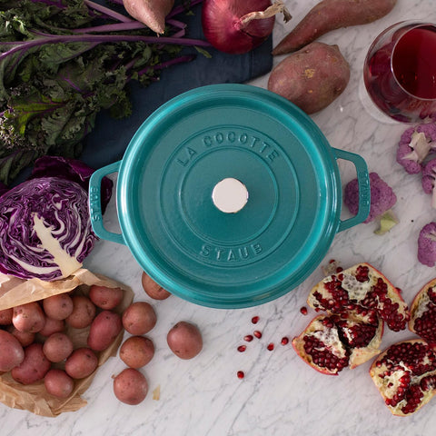 STAUB smooth enamel bottom shown, compatible with induction and even heating