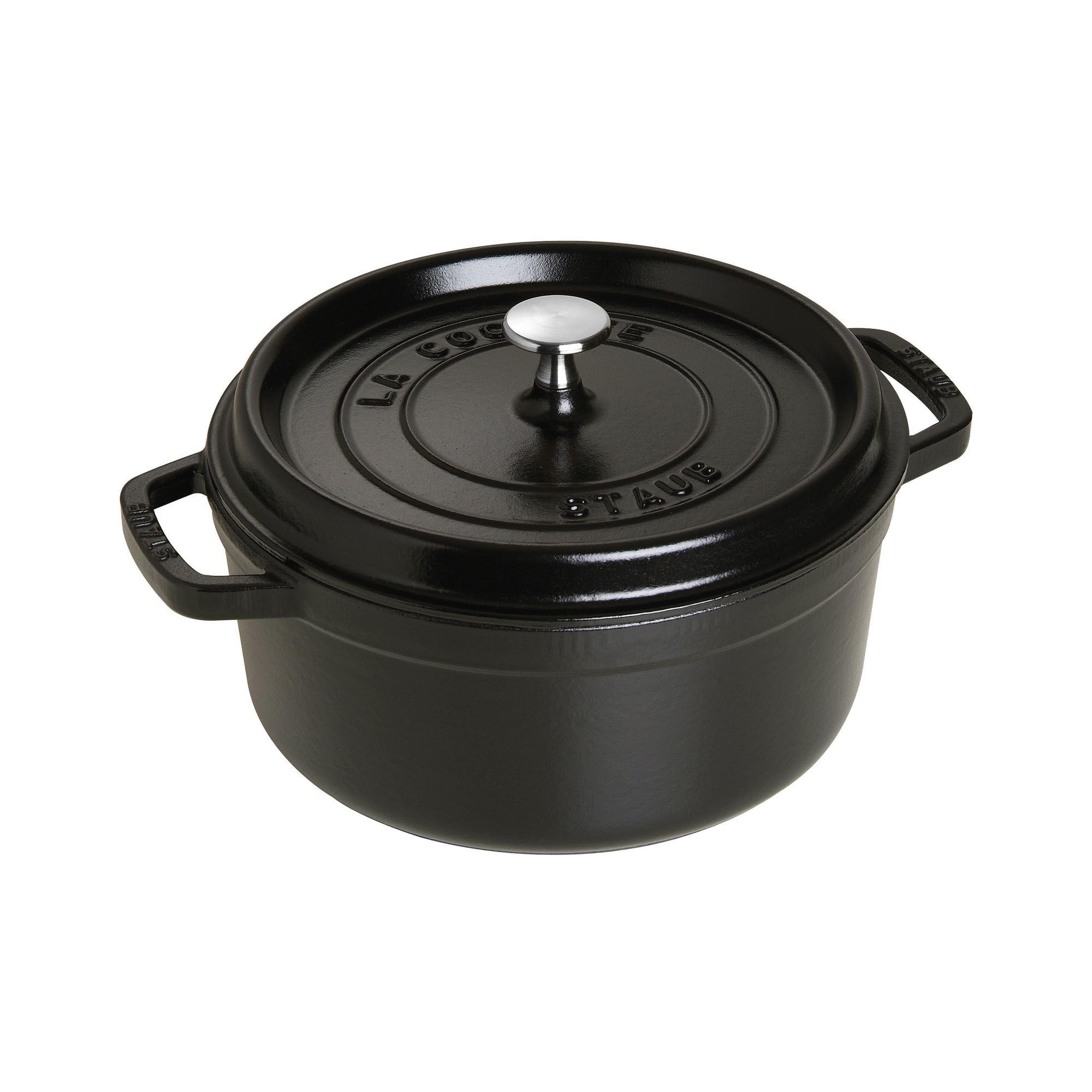 STAUB cocotte front view showing matte black finish and elegant shape for stylish serving