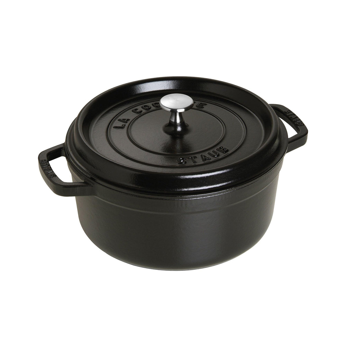 STAUB cocotte front view showing matte black finish and elegant shape for stylish serving