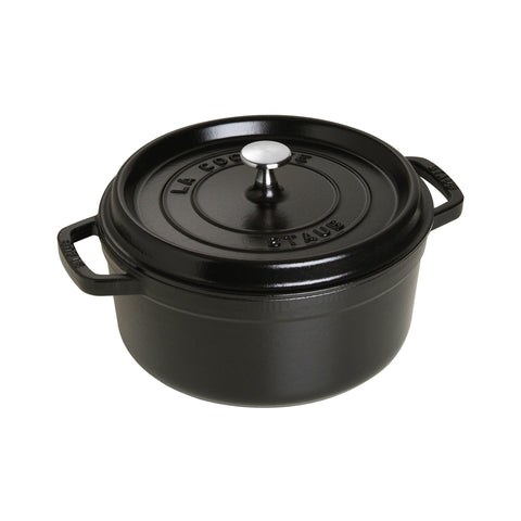 STAUB cocotte front view showing matte black finish and elegant shape for stylish serving