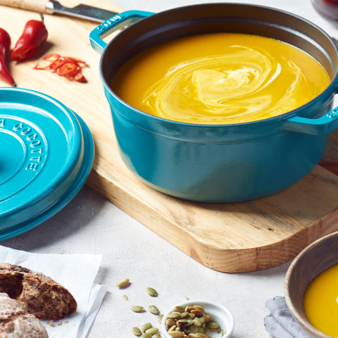 STAUB lid interior spikes visible, promoting continual self-basting and moist results