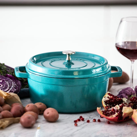 STAUB nickel steel knob detail, durable and oven-safe for reliable handling