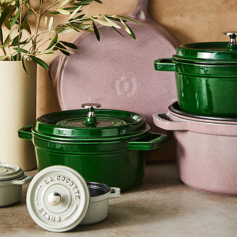 STAUB size comparison with ladle showing 4‑quart capacity and portion guidance