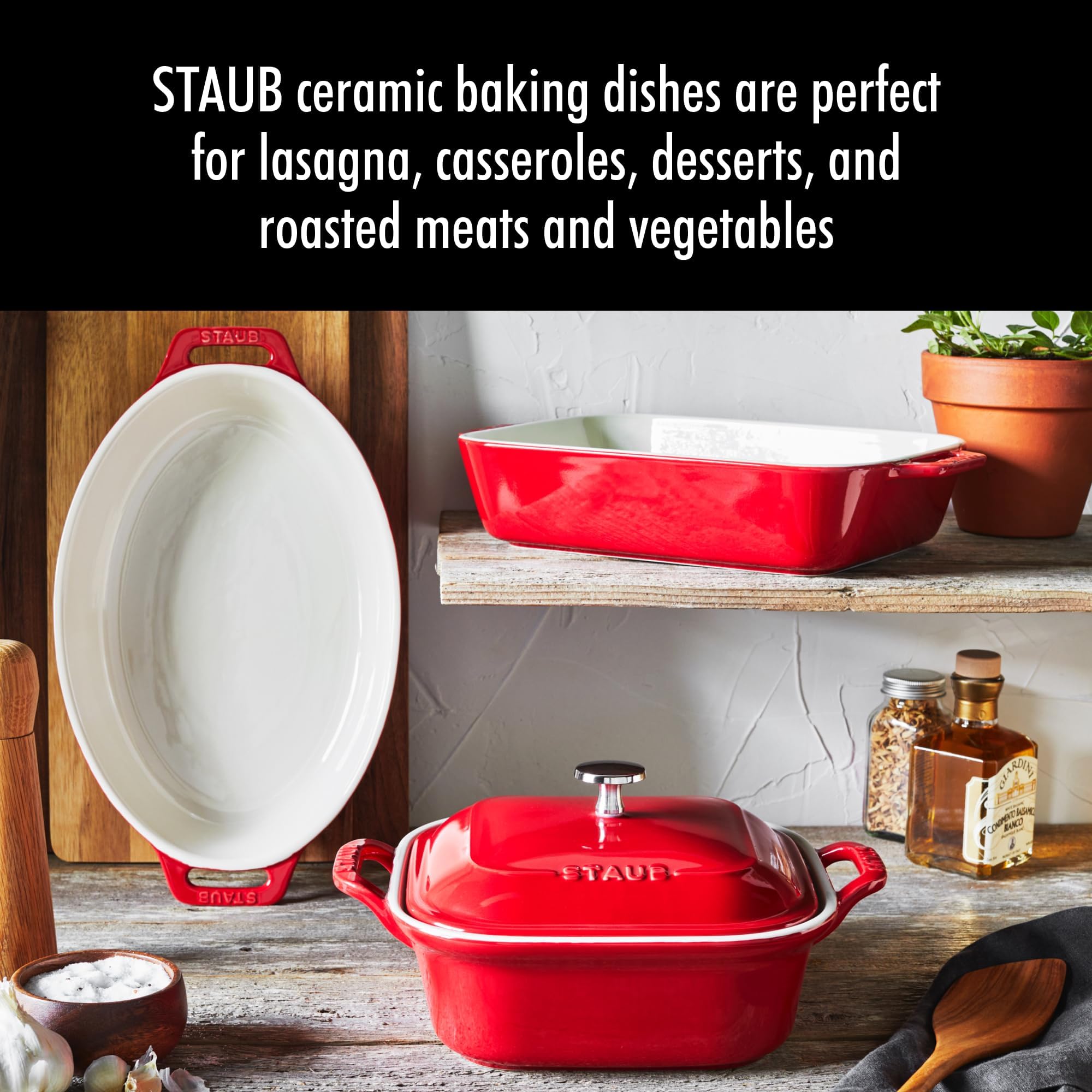 Staub covered 9-inch square baker with lid keeping heat and moisture benefit