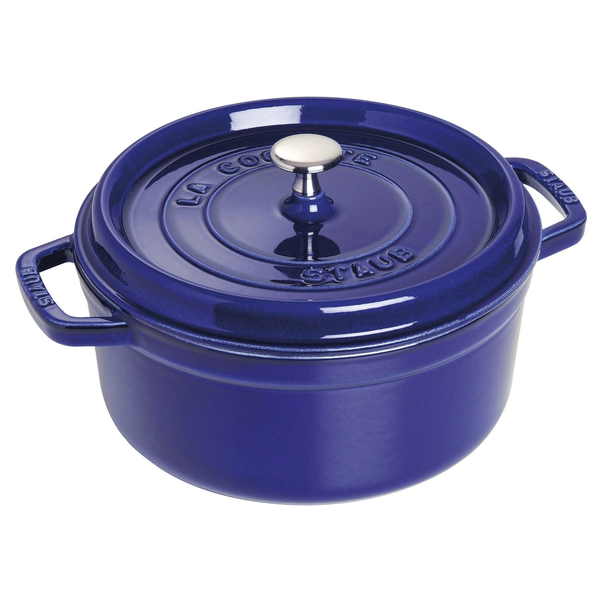 STAUB dark blue cocotte front view showing elegant enamel finish and sturdy build