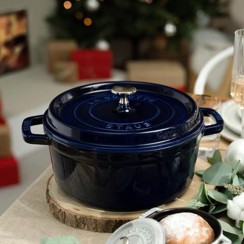 STAUB side handle detail showing secure grip and oven-safe convenience