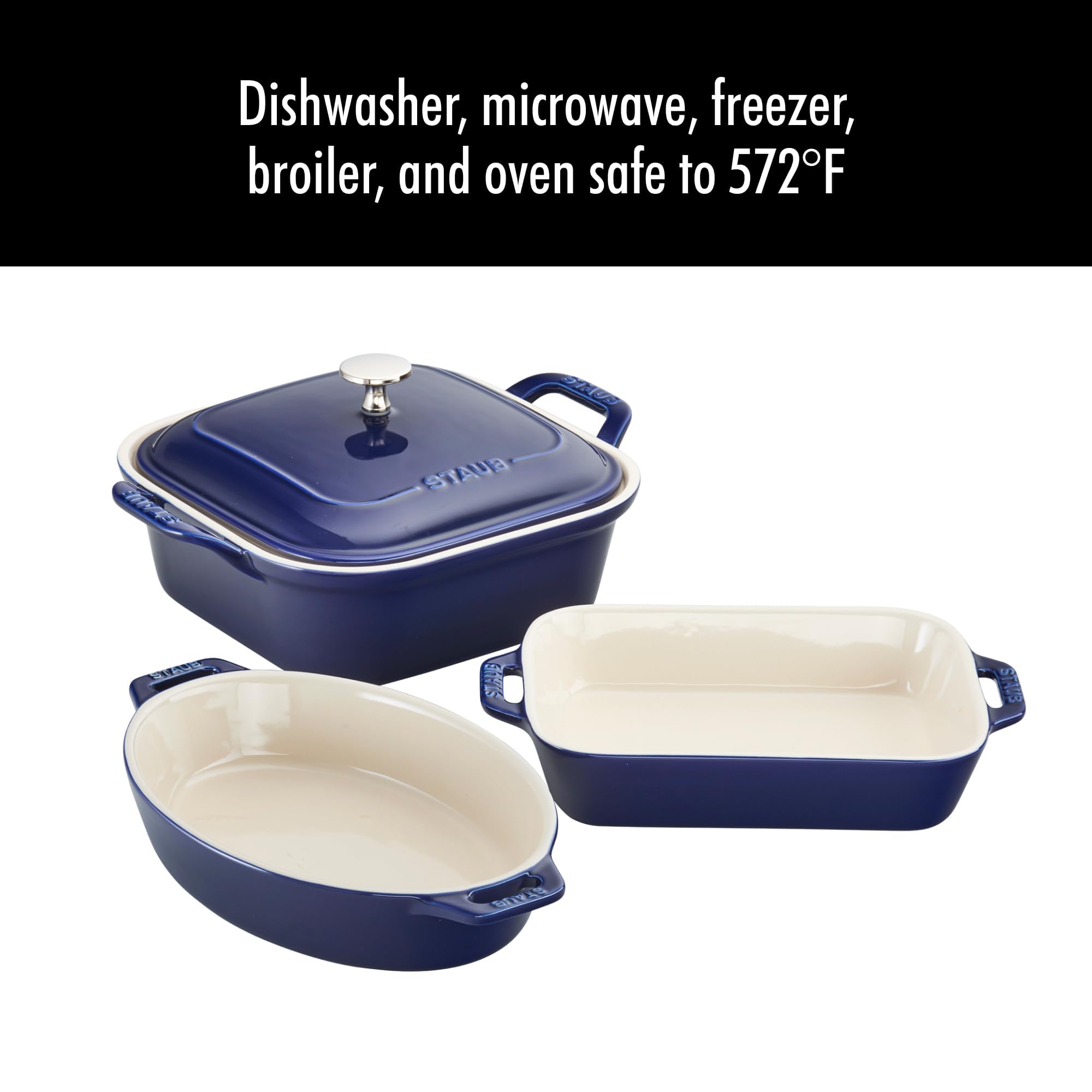 STAUB dark blue color swatch showing glossy finish, stylish kitchen accent benefit