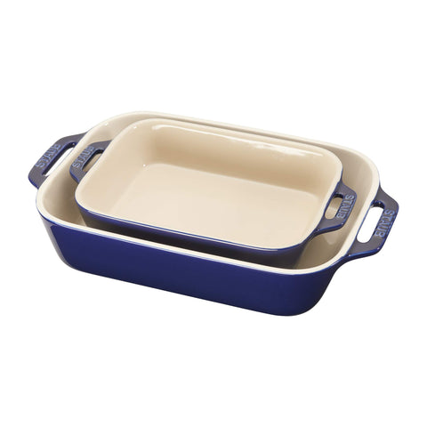 Staub dark blue front view showcasing elegant oven-to-table bakers and durable finish