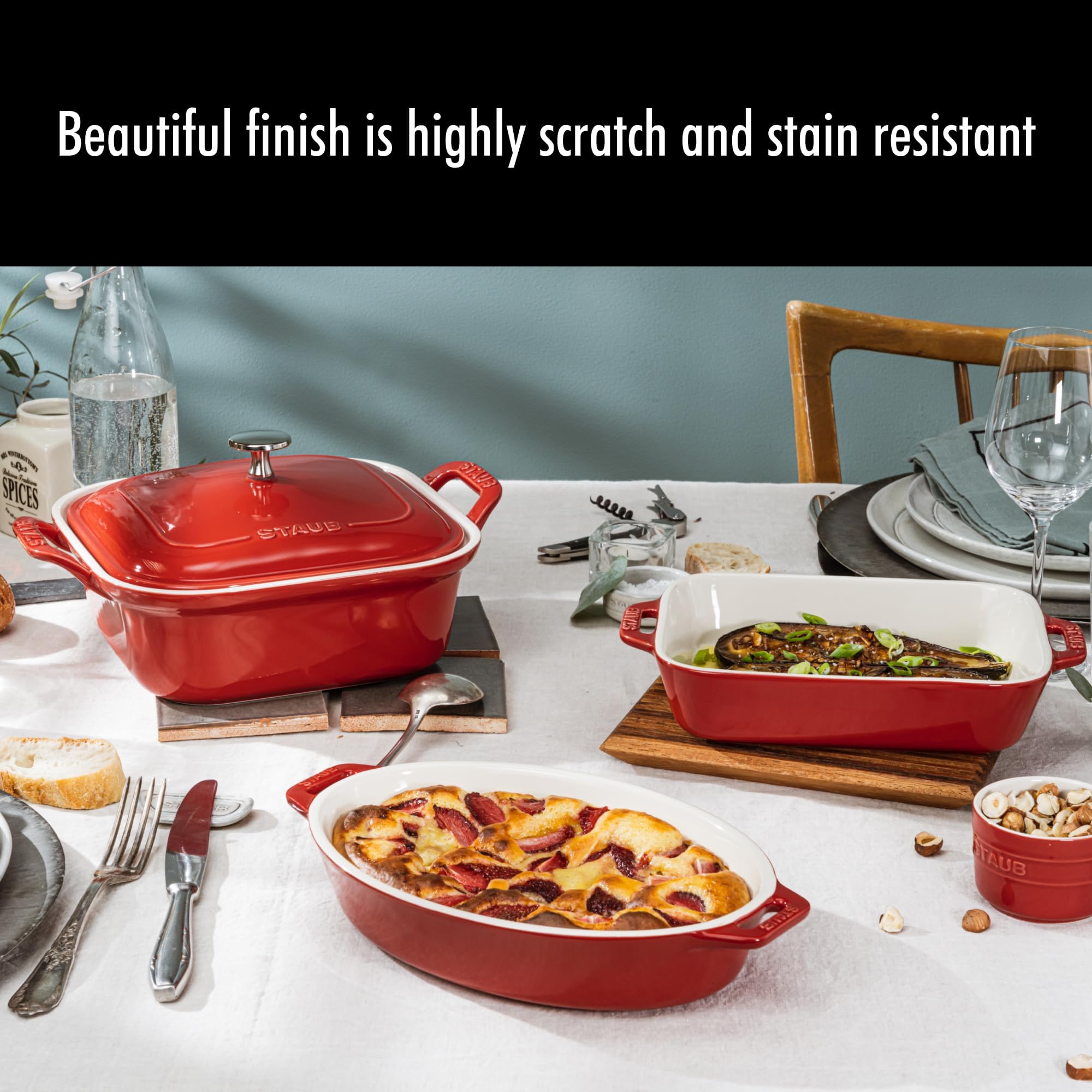 Staub close-up of porcelain enamel finish highlighting scratch resistance benefit