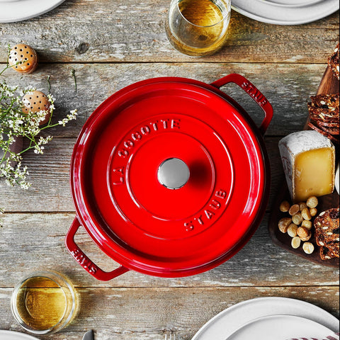Staub cherry enamel finish highlighting stain resistance and glossy look