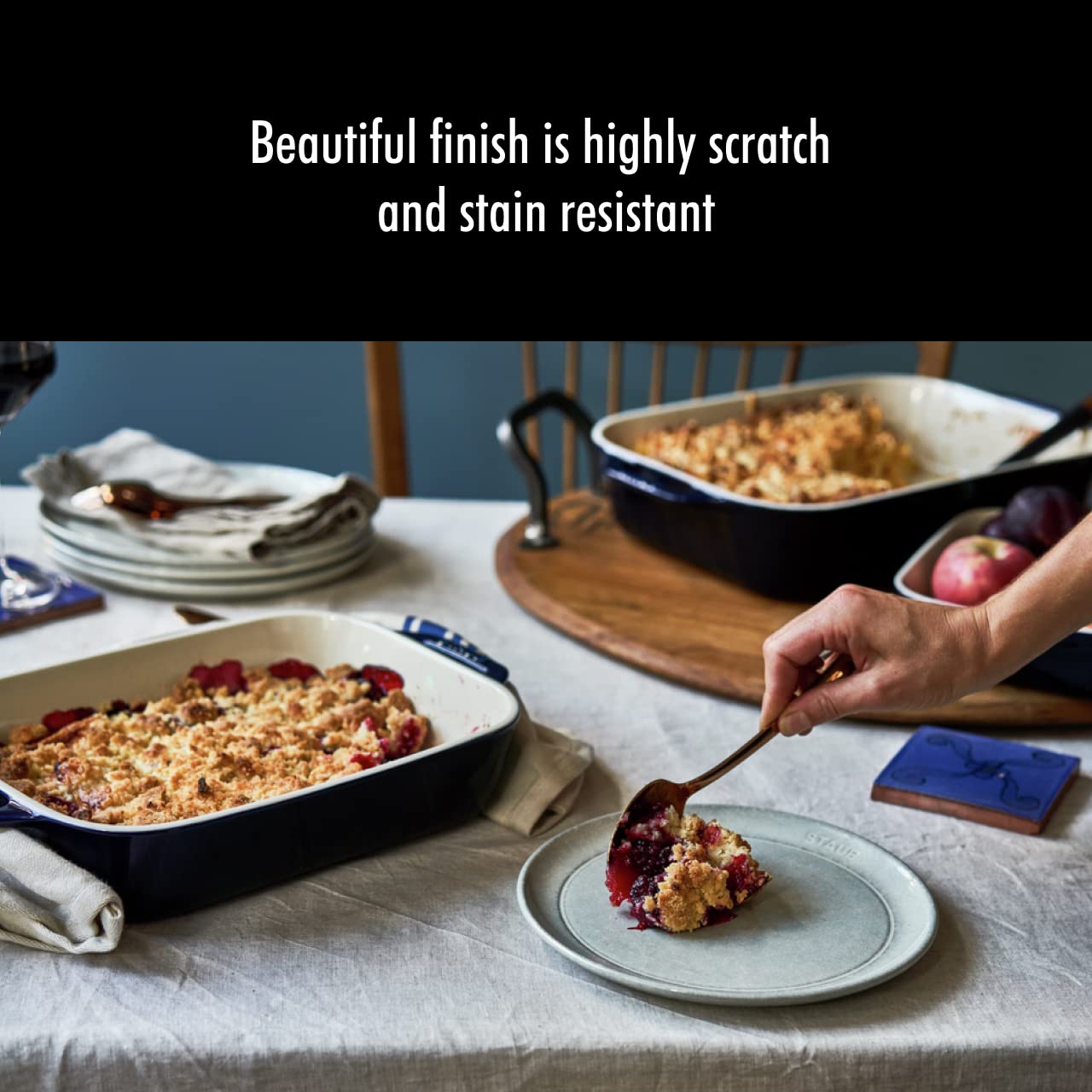 Staub baker in oven roasting vegetables illustrating even heat diffusion