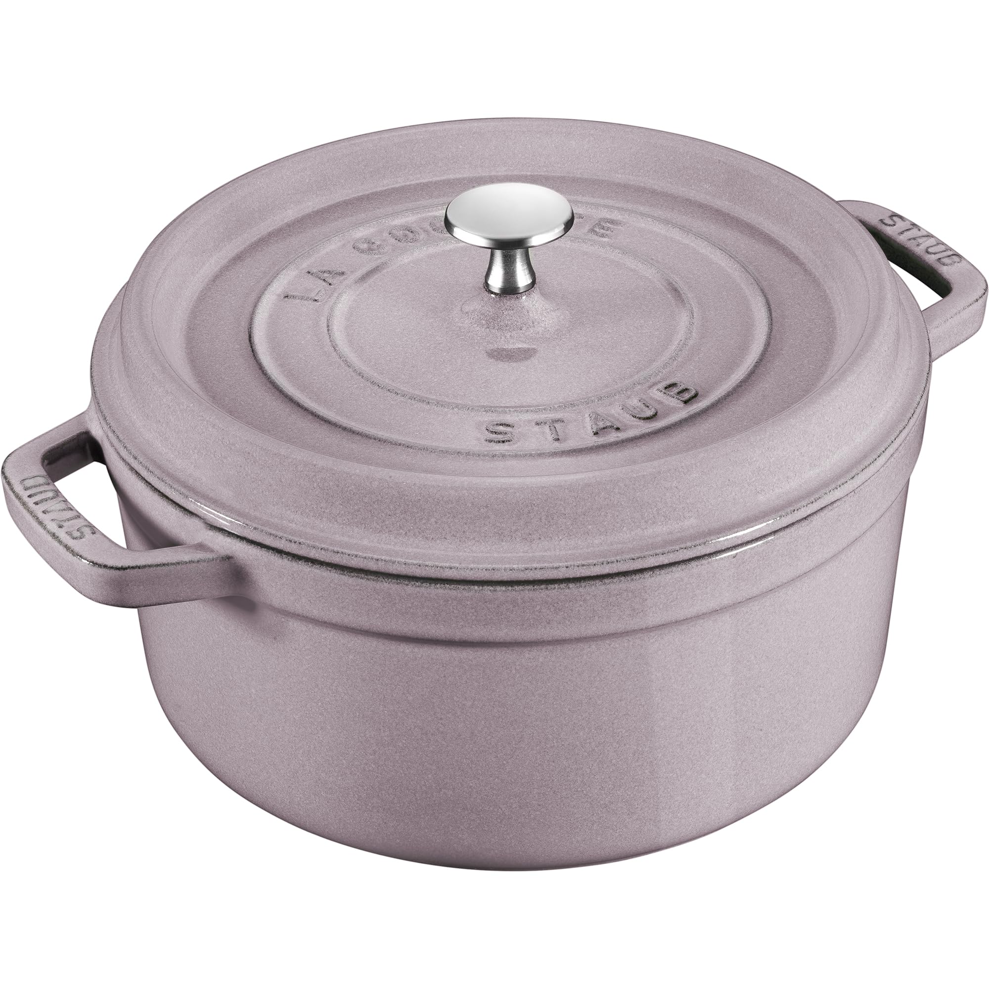 Staub lilac cocotte front view showing color and shape for attractive serving
