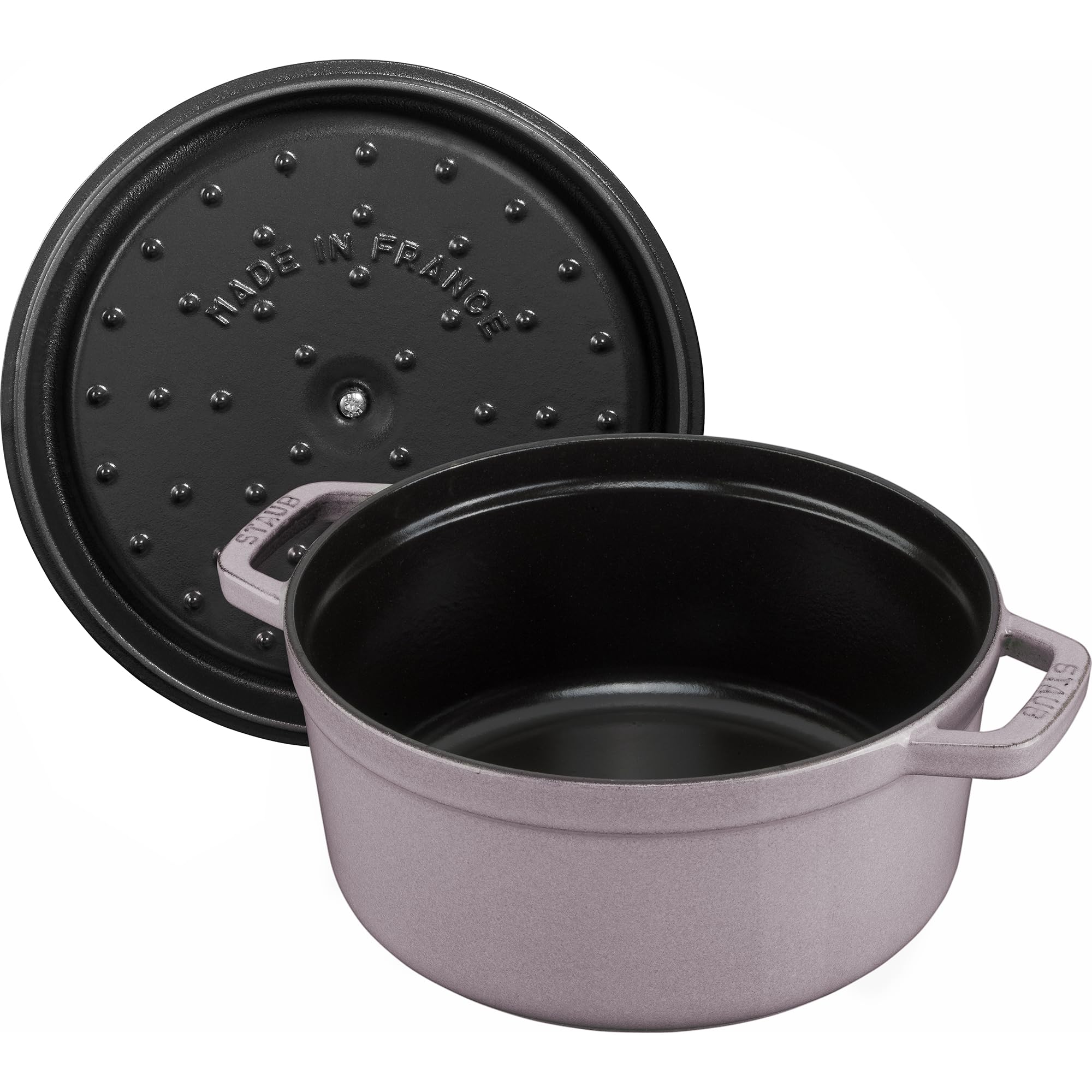 Staub lilac side profile highlighting heavy cast iron and even heat distribution