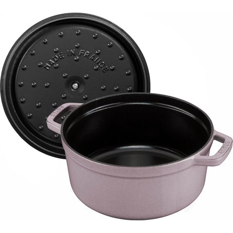 Staub lilac side profile highlighting heavy cast iron and even heat distribution