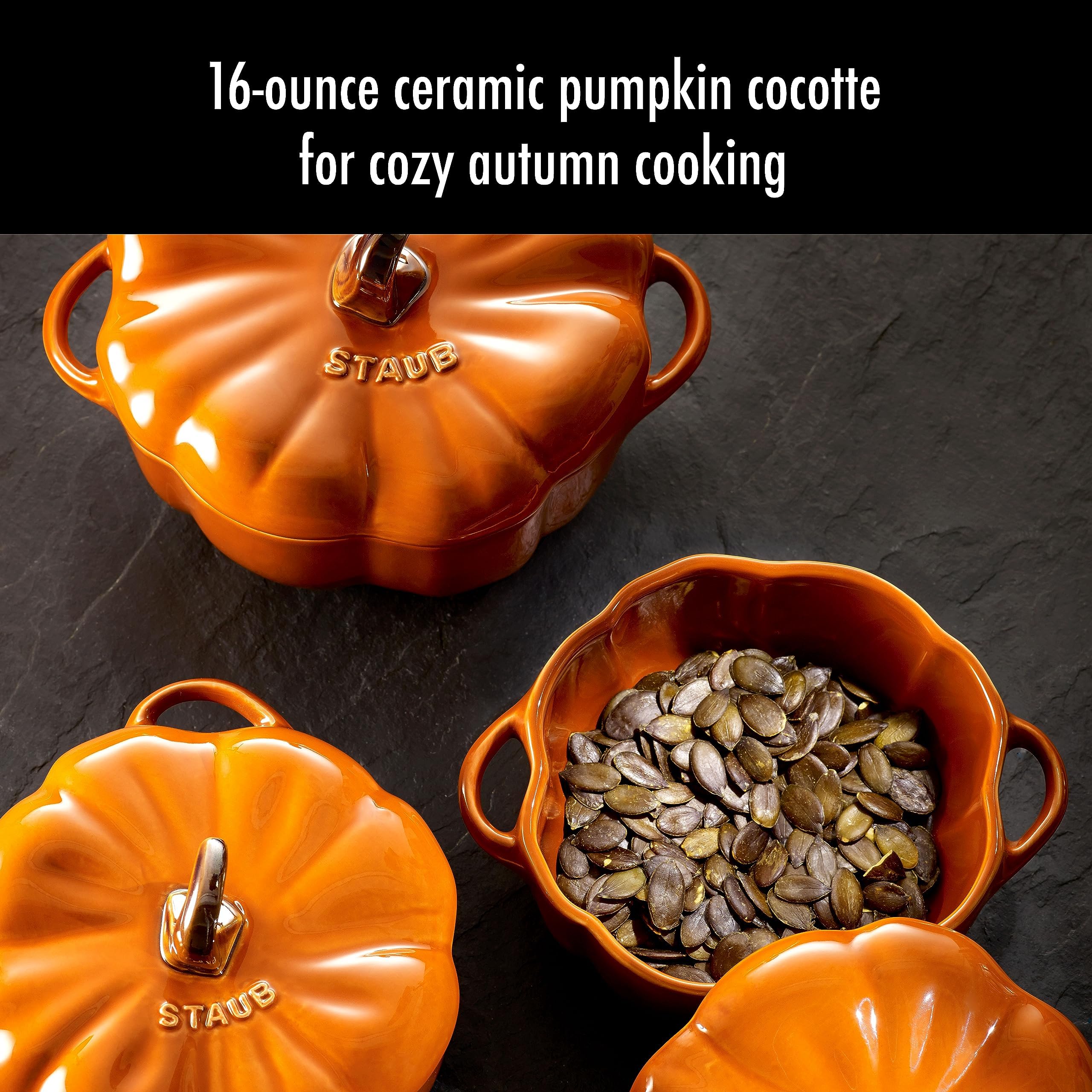 STAUB side profile of pumpkin cocotte highlighting sculpted ridges and ergonomic handles