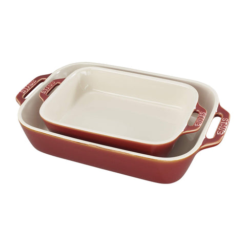 Staub Rustic Red front view showing elegant rectangular baking dishes and presentation benefit