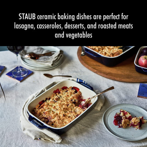 Staub stacked rectangular bakers demonstrating space-saving nesting and storage