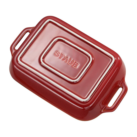 Staub stacked rectangular bakers demonstrating space-saving nesting for organized storage