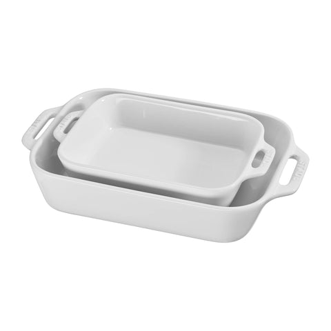 STAUB front view of white rectangular baking dishes showing elegant oven-to-table appeal