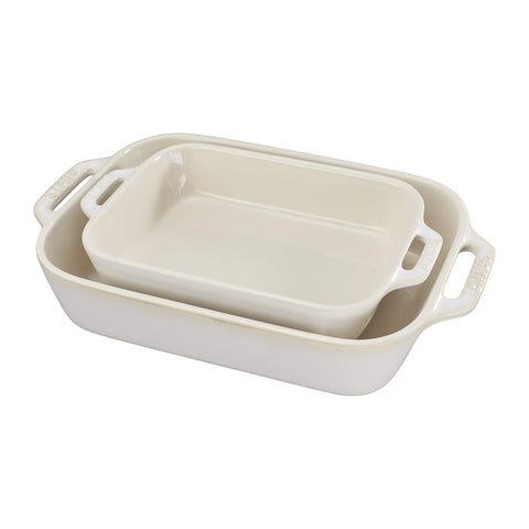 STAUB front view of both Rustic Ivory rectangular baking dishes, elegant serving