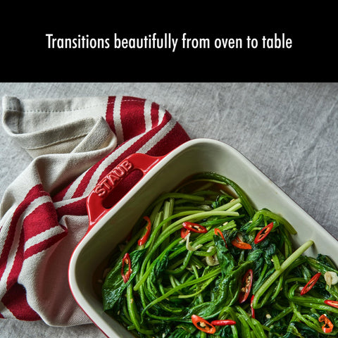 Staub rectangular brownie pan with baked bars showing tidy slices benefit