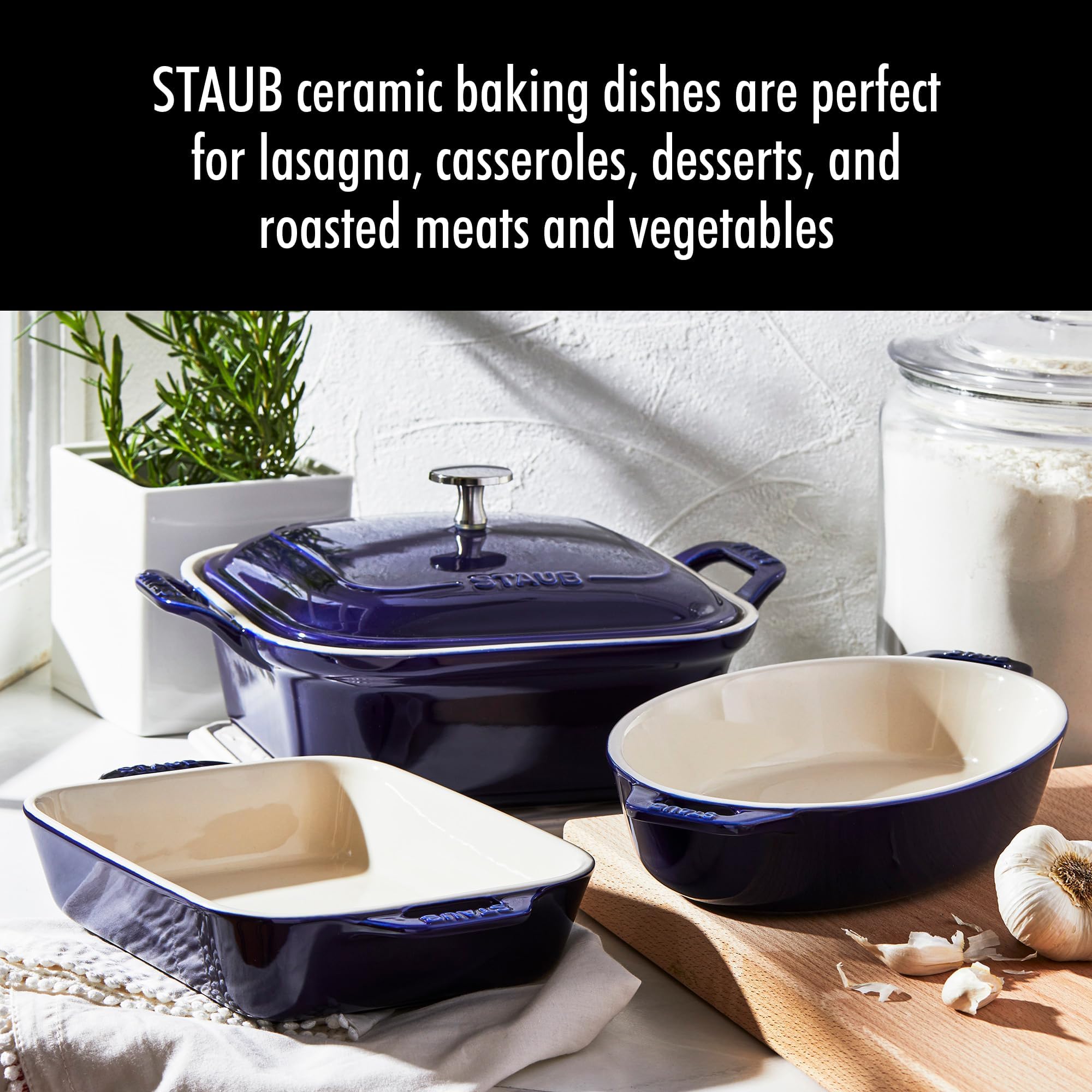 STAUB square baker with lid displayed, keeps food warm for serving benefit