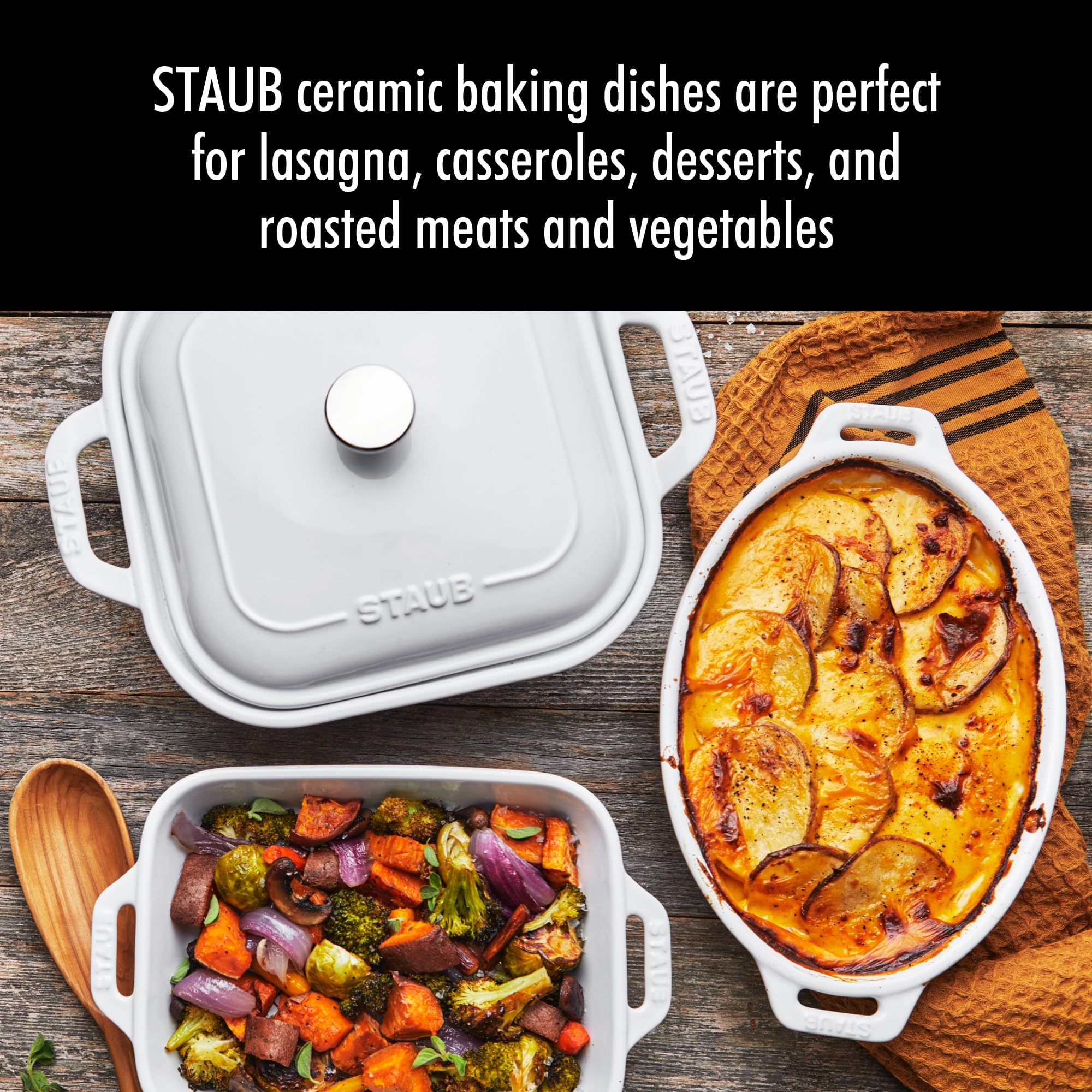STAUB square baker with lid locking in heat for warm table presentation