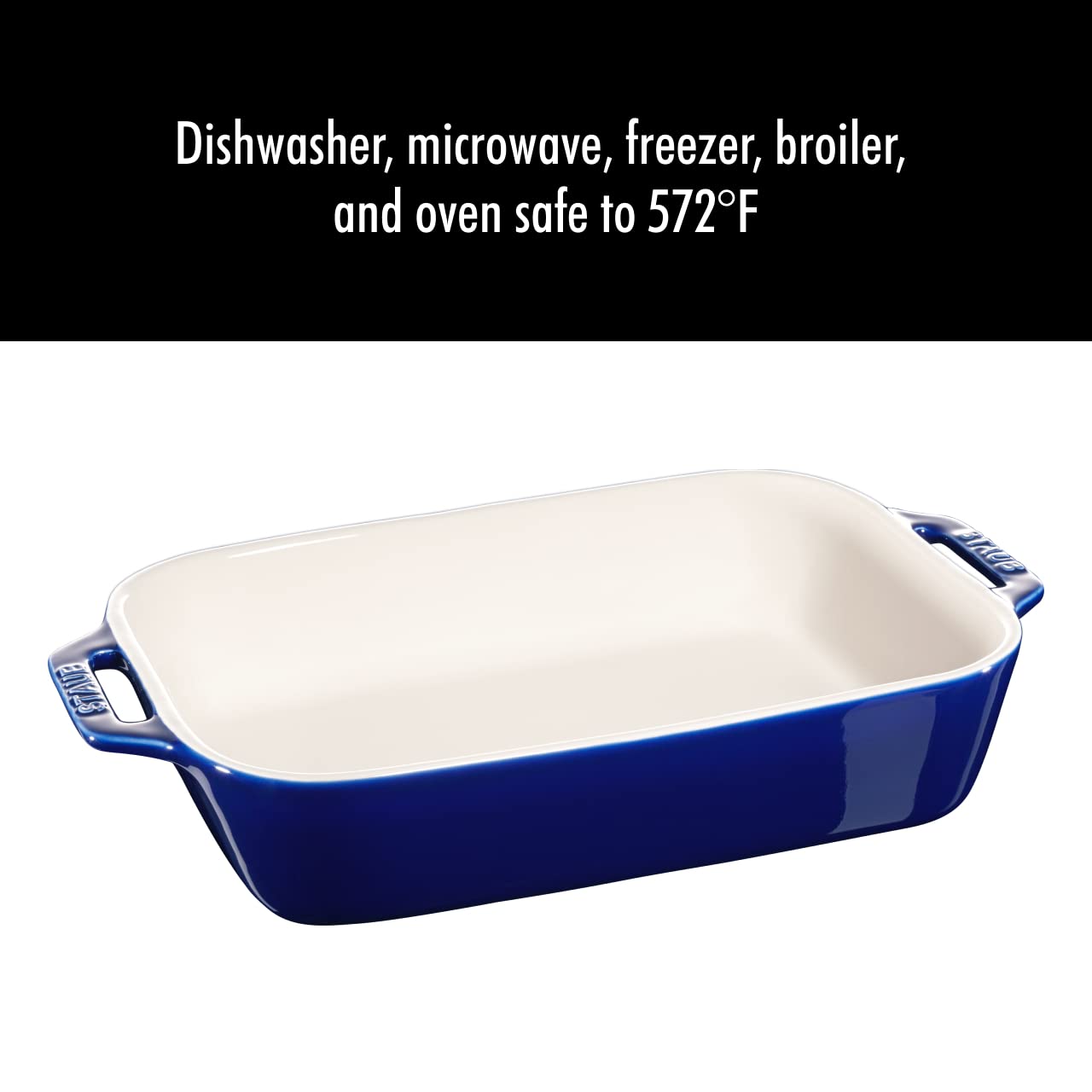 Staub baker on table serving lasagna emphasizing warm presentation and style