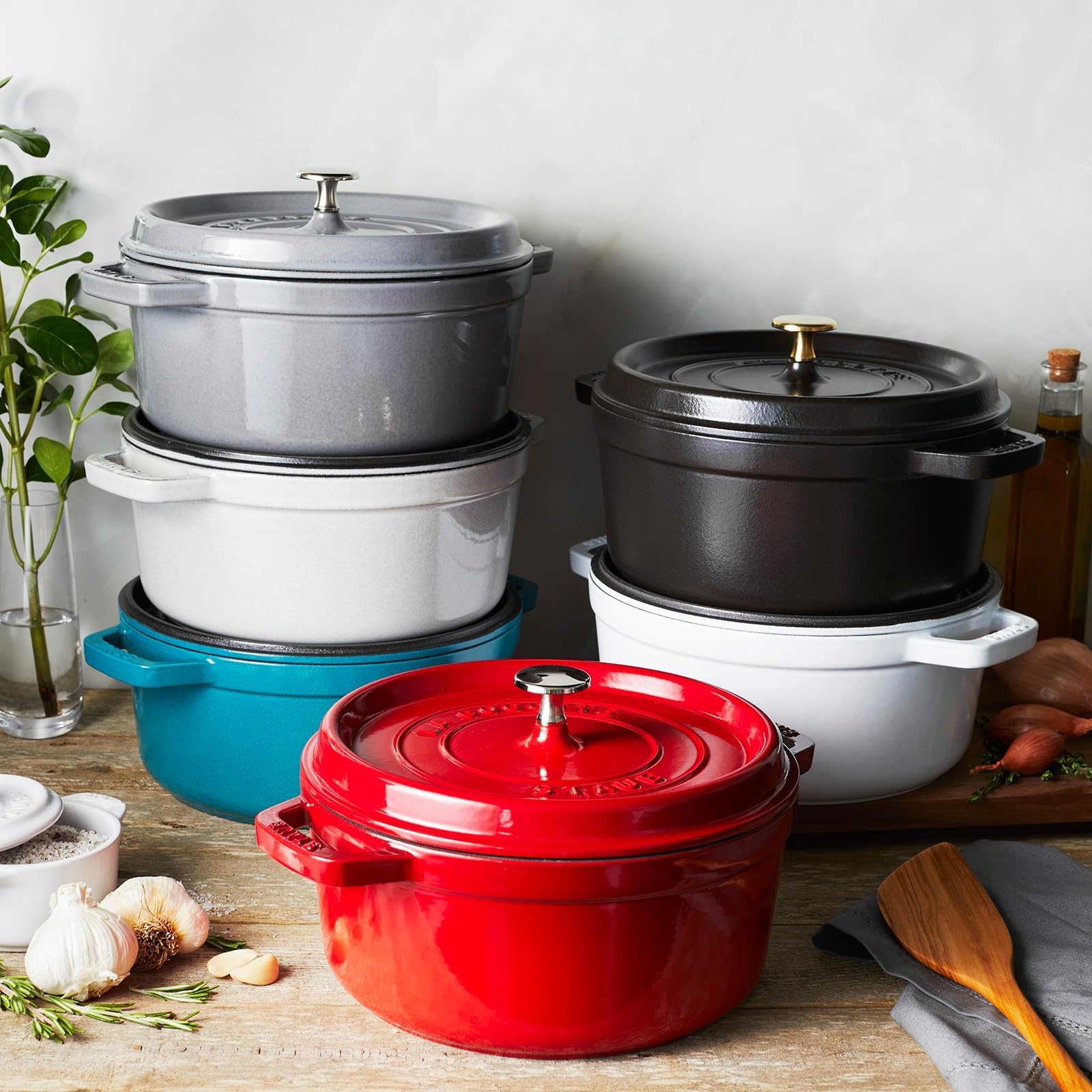 STAUB cocotte set on dining table showing table-ready design benefit for serving guests