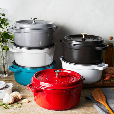 STAUB cocotte set on dining table showing table-ready design benefit for serving guests