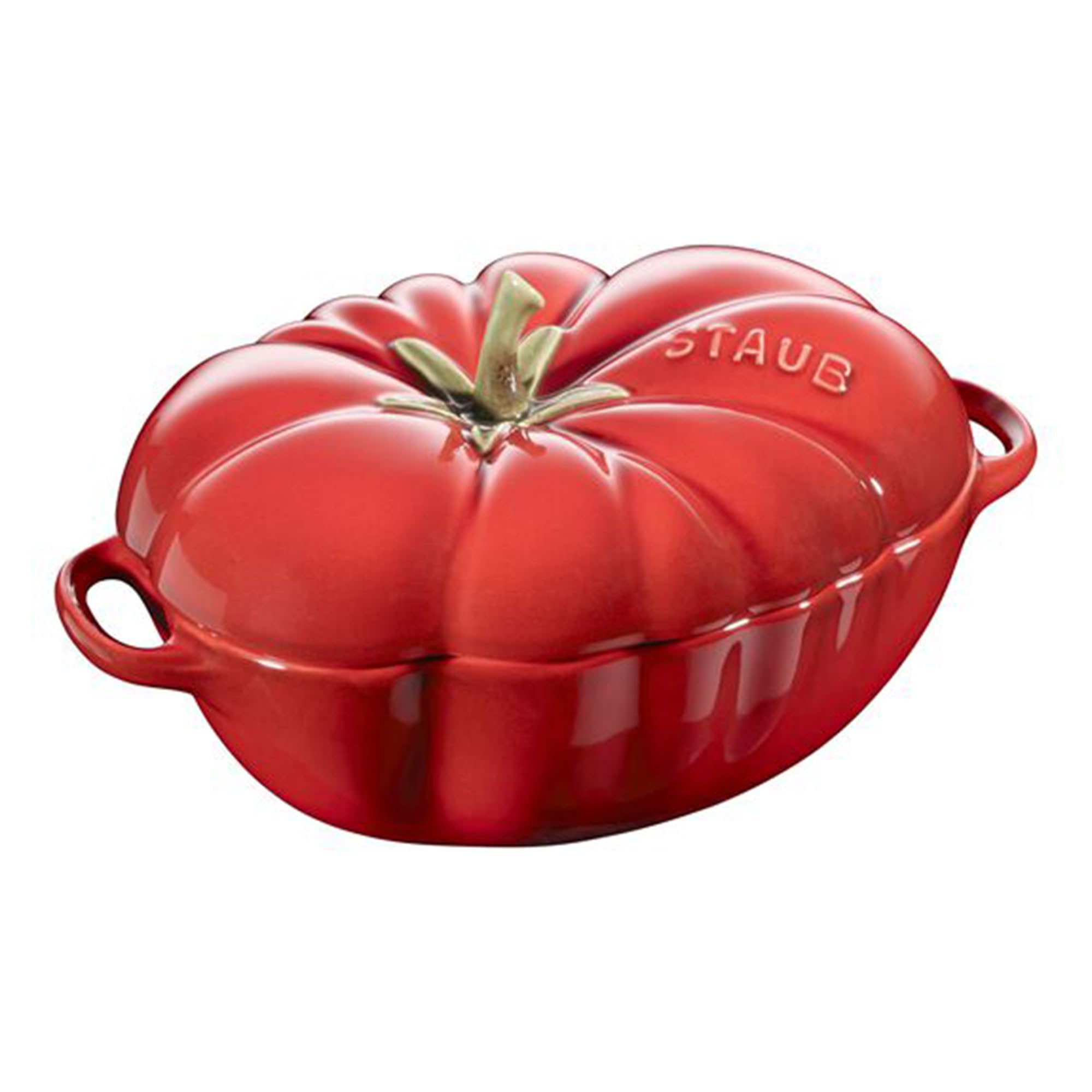 Staub tomato cocotte front view showing cherry color and shape, stylish serving benefit