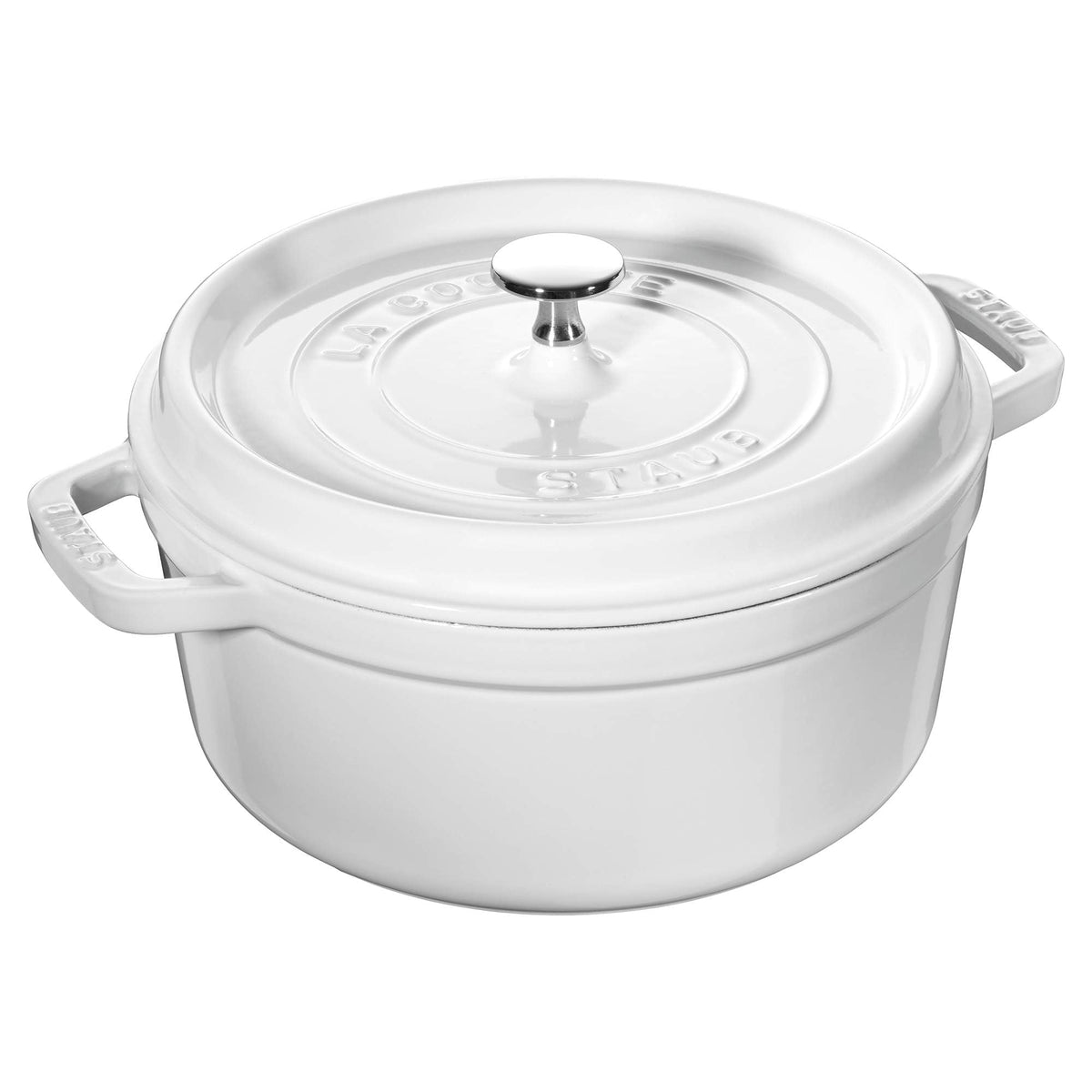 STAUB white cocotte front view showing elegant enamel and durable build benefit: attractive presentation