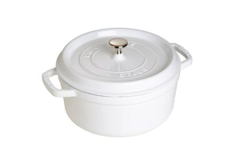 STAUB white Dutch oven front view showing elegant finish and durable build
