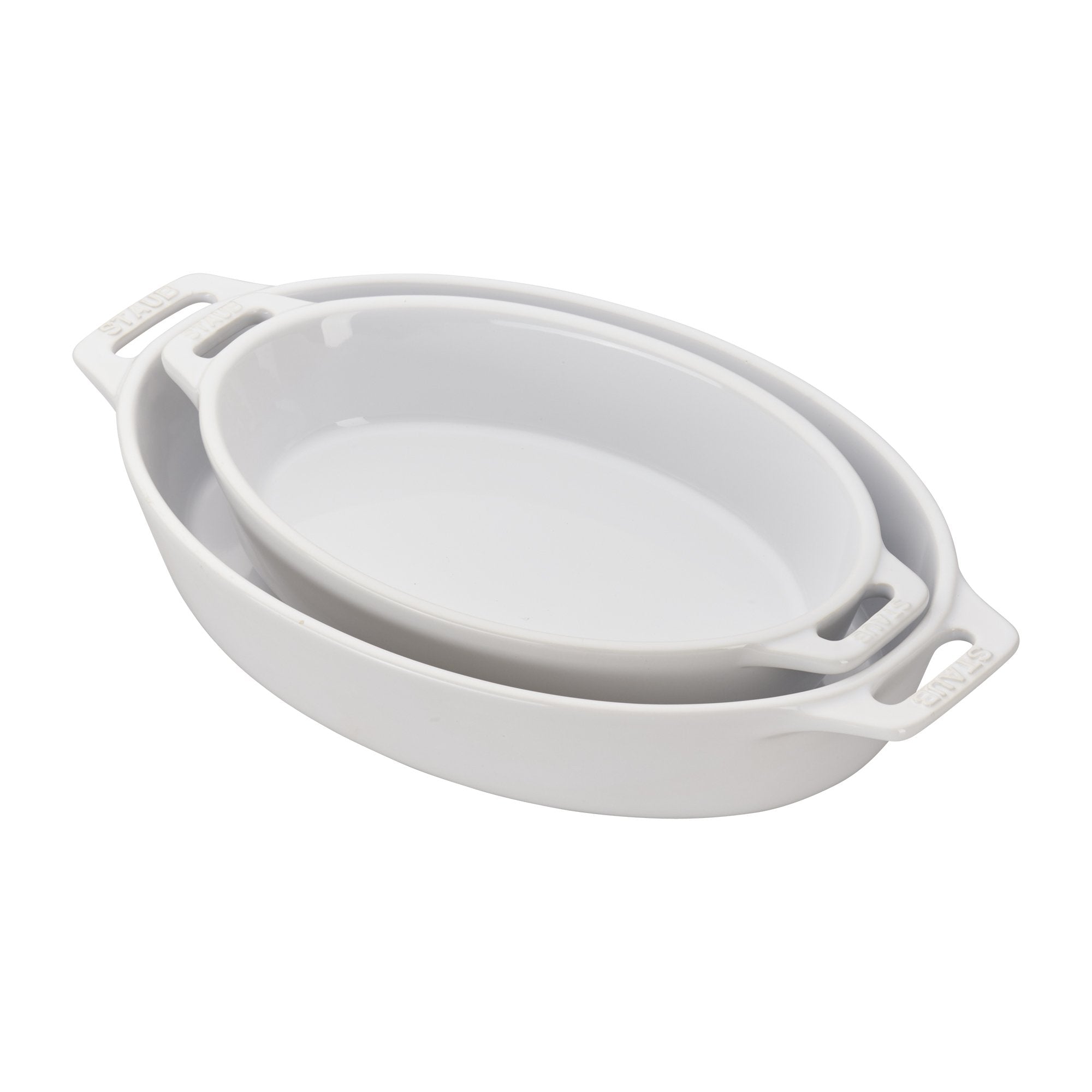 STAUB front view of both white oval baking dishes showing elegant serve-ready design
