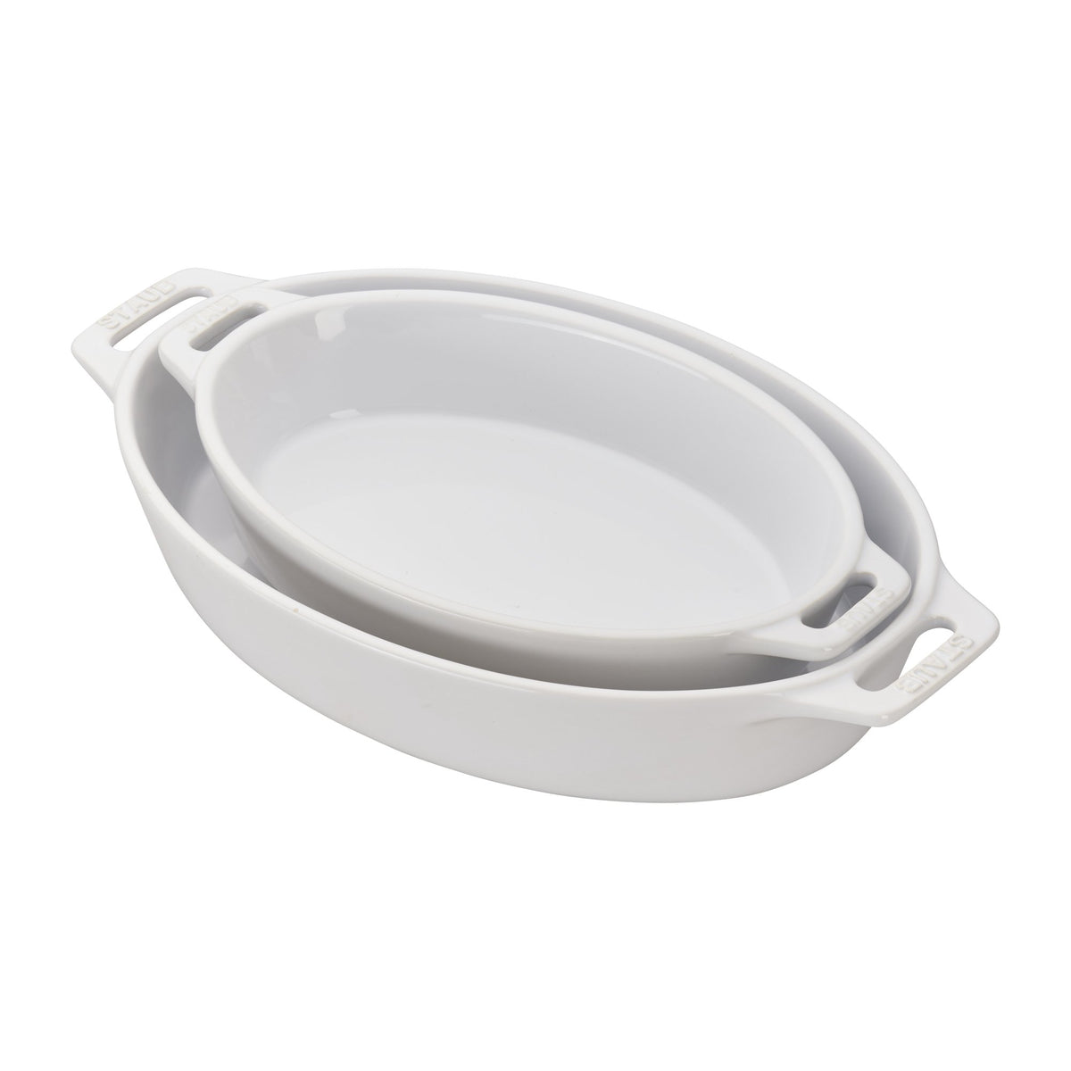 STAUB front view of both white oval baking dishes showing elegant serve-ready design