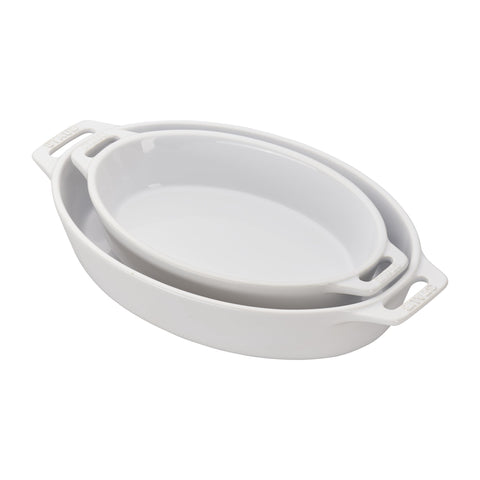 STAUB front view of both white oval baking dishes showing elegant serve-ready design