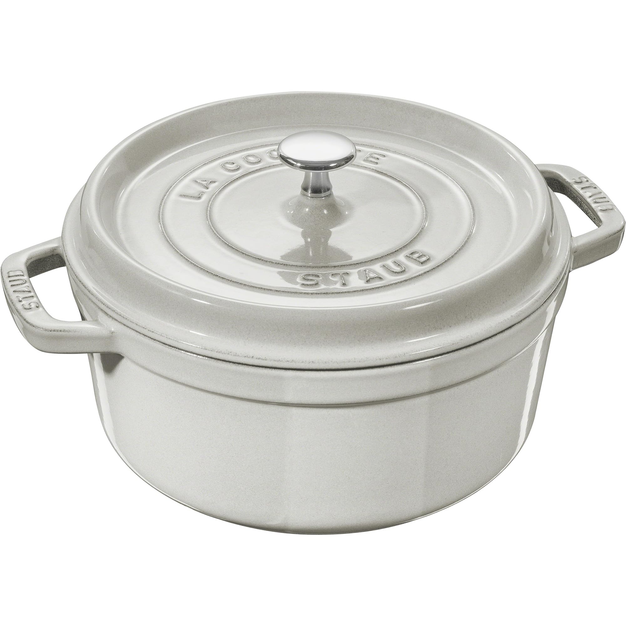 STAUB White Truffle front view showing elegant enamel finish and durable build