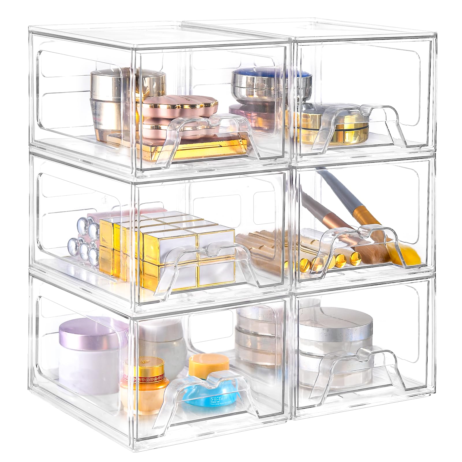 Stebopum front view of clear stackable drawers, shows organized visibility benefit